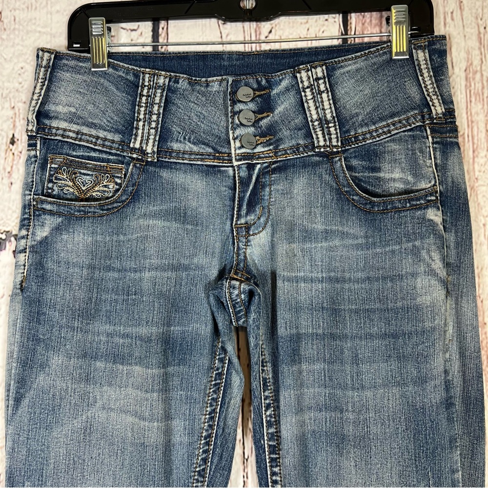 Vintage Industrial Cotton Embroidered Distressed Flare Bootcut Denim Jeans SZ 5 - Picture 3 of 16
